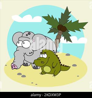 African elephant and crocodile sitting on the island Stock Vector
