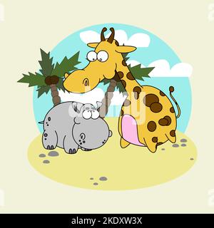A giraffe and a hippopotamus on an island with palm trees Stock Vector