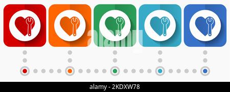 Wrench and heart vector icons, infographic template, set of flat design symbols in 5 color options Stock Vector