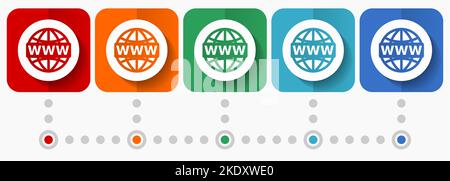 Web, www and internet vector icons, infographic template, set of flat design symbols in 5 color options Stock Vector