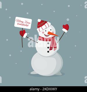 cartoon winter christmas character snowman in hat mittens and scarf holding a sign saying merry Xmas everybody Stock Vector