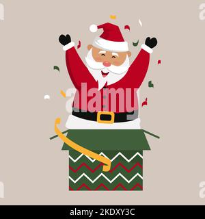 christmas character santa claus jumping out of a gift box Stock Vector