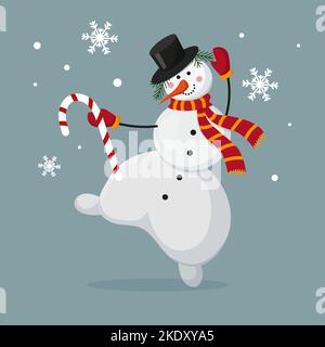 cartoon winter christmas character snowman in a scarf and mittens dancing with a lollipop in his hand Stock Vector