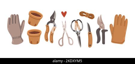 Set of gardening tools isolated on white. Bundle of equipment for home plants. Flat cartoon vector illustration. Stock Vector