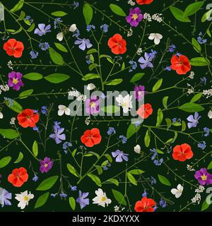 Spring flowers pattern on dark green background. Stock Photo