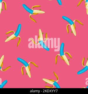 Surreal blue coloured banana seamless pattern on pink background Stock Photo