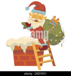 santa with a big bag of gifts climbs into the chimney on the stairs vector christmas new year Stock Vector