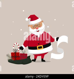 christmas character santa claus in glasses with long wish list and open sack full of gifts Stock Vector