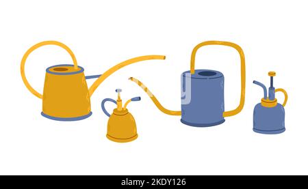 Set of watering cans and sprayers isolated on white, gold and blue color, gardening tools, home garden equipment, vector Stock Vector