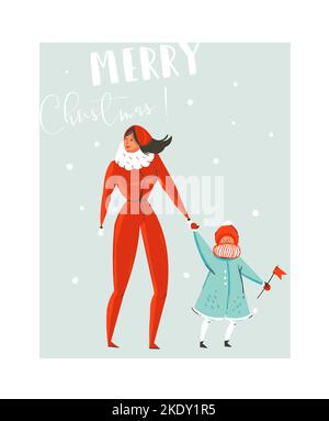 Hand drawn vector abstract fun Merry Christmas time cartoon illustration set with family mother and daughter walking in winter clothing isolated on Stock Vector