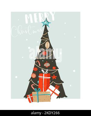 Hand drawn vector abstract fun Merry Christmas time cartoon illustration card with xmas tree and Christmas surprise gift boxes isolated on blue Stock Vector