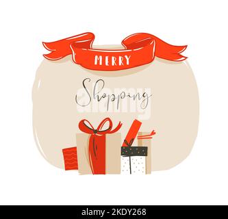 Hand drawn vector abstract fun Merry Christmas time cartoon illustration card with Christmas surprise gift boxes and modern typography quote Marry Stock Vector