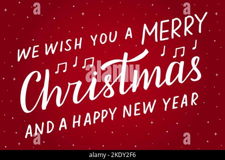 We wish you a Merry Christmas and a Happy New Year. Handwritten Lettering, modern brush calligraphy. White diagonal text on red background. Card. Stock Vector