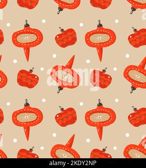 Hand drawn vector abstract fun Merry Christmas time cartoon illustration seamless pattern with vintage retro Christmas tree toys isolated on craft Stock Vector