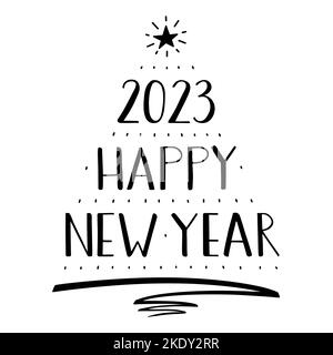 2023 Happy New Year handwritten Lettering, modern brush ink calligraphy. A Christmas tree is made of the numbers, text, pen stroke and star. Stock Vector