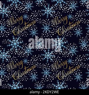 Merry Christmas Winter New Year dark pattern with snowflakes and inscription. Vector illustration Stock Vector