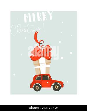 Hand drawn vector abstract fun Merry Christmas time cartoon illustration card with big red car toy and big surprise gift box isolated on blue Stock Vector