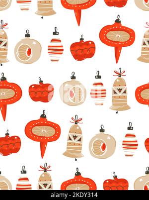 Hand drawn vector abstract fun Merry Christmas time cartoon illustration seamless pattern with Christmas vintage tree toys isolated on white Stock Vector