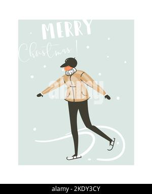 Hand drawn vector abstract fun Merry Christmas time cartoon illustration card with young boy skating on ice isolated on blue background. Stock Vector