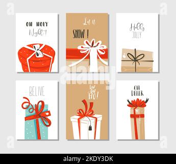 Hand drawn vector abstract fun Merry Christmas time cartoon cards or tags collection set with cute illustrations of surprise gift boxes and modert Stock Vector