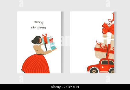 Hand drawn vector abstract fun Merry Christmas time cartoon cards collection set with cute illustrations and surprise gift boxes isolated on white Stock Vector