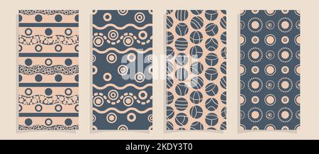 four seamless pattern tiles set with decorative circles and wavy lines in modern colors Stock Vector
