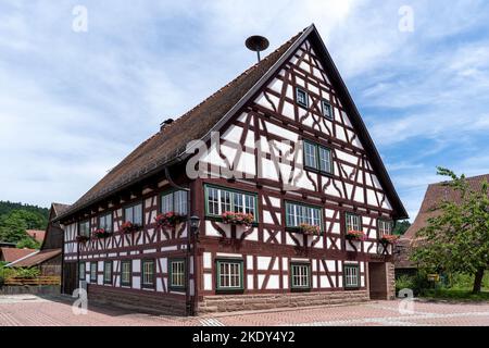 Beautiful romantic old half-timbered house - town hall Trichtingen, Germany Stock Photo