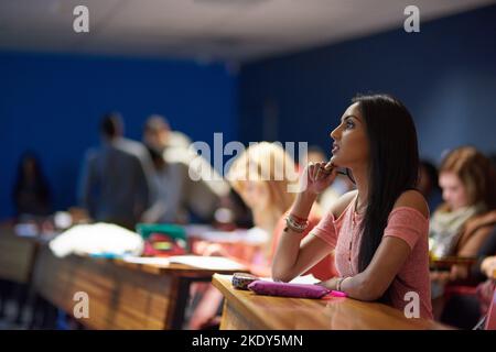 Completely focused on the lecture. a beautiful university student making notes while sitting in a lecture hall. Stock Photo