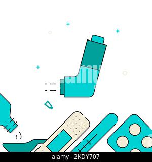 Asthma inhaler filled line vector icon, simple illustration, related bottom border. Stock Vector