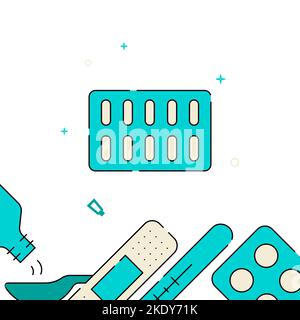 Pill packaging, blister filled line vector icon, simple illustration, related bottom border. Stock Vector