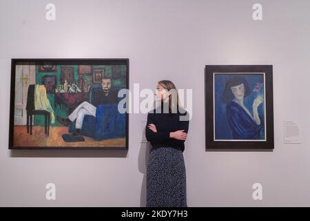 London UK. 9 November 2022.  L-R Gabrielle Münther, Mann im Sessel (Paul Klee), 1913. Marianne Werefkin, The Dancer Alexander Sacharoff, 1909.  Making Modernism preview at the Royal Academy, exhibition includes works by Paula Modersohn-Becker, Käthe Kollwitz, Gabrielle Münther and Marianne Werefkin. The exhibition runs from 12 November -12 February . Credit: amer ghazzal/Alamy Live News Stock Photo