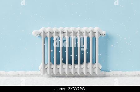 3D illustration of radiator covered with white show hanging on blue wall during energy crisis Stock Photo