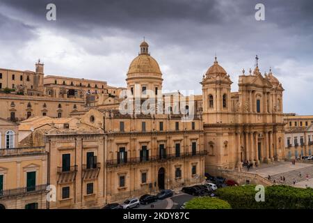 Saint Nicholas Cathedral, an impressive Baroque church in Noto. Sicily. Italy. Stock Photo