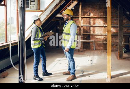 Architect, construction and teamwork for home renovation and home improvement building project. Engineer, industrial designer colleagues and Stock Photo