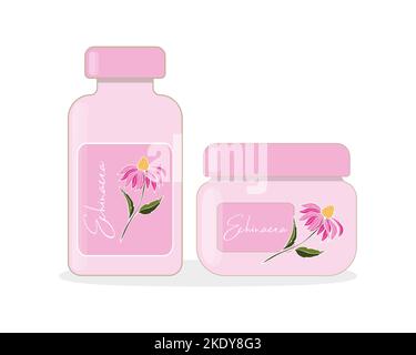 Echinacea purpurea plant. Echinacea flowers with bottle and jar. Extract, supplement, cream, natural oil. Collection of medicinal herbs. Vector illustration Stock Vector