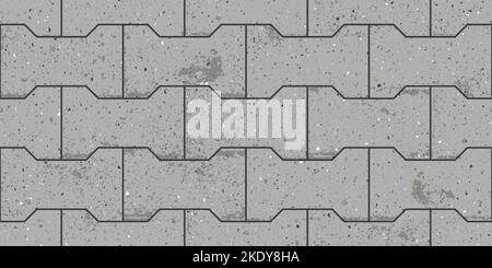 Seamless pattern of pavement with dumble interlocking textured concrete bricks. Vector pathway texture top view. Outdoor concrete slab sidewalk. Cobbl Stock Vector