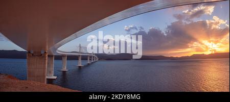 Peljesac Bridge, Croatia.Panoramic image of beautiful modern multi-span cable-stayed Peljesac Bridge over the sea in Dubrovnik-Neretva County, Croatia Stock Photo