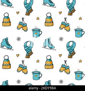 Seamless pattern for fabric, wrapping. Skates and warm winter clothes Stock Vector