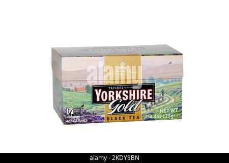 A box of Taylors of Harrogate Yorkshire Gold Black Tea bags isolated on a white background. cutout image for illustration and editorial use. Stock Photo