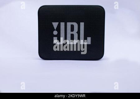 A black JBL Go Bluetooth speaker isolated on a white background Stock Photo