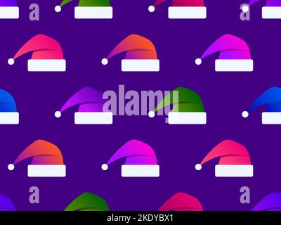 Santa Claus hats seamless pattern. Multicolored gradient Christmas hats on violet background. Merry Christmas. Festive design for print, wrapping pape Stock Vector