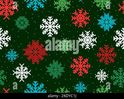 Snowflakes seamless pattern. Multicolored falling snowflakes in a Christmas color palette. Winter background with snowflakes of different shapes and s Stock Vector