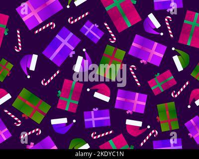 Christmas seamless pattern with gift boxes, Santa hats and lollipops. Gradient colors of gift boxes. Xmas presents design for greeting cards, banners Stock Vector