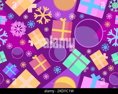 Christmas seamless pattern with geometric Christmas balls, snowflakes and 3d gift boxes. Xmas design for printing on promotional material, wrapping pa Stock Vector
