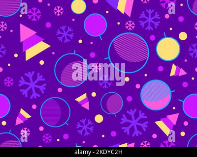 Christmas seamless pattern in 80s style with colorful Christmas trees, balls and snowflakes. Xmas design for printing on promotional materials, wrappi Stock Vector