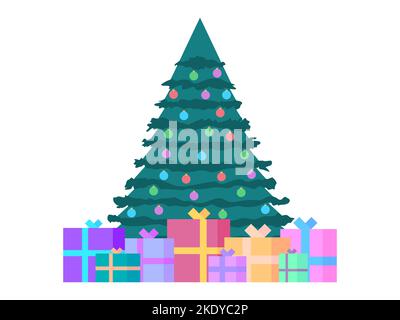 Decorated Christmas tree with gift boxes isolated on white background. Gifts under the tree. Merry Christmas. Festive design for greeting cards, invit Stock Vector