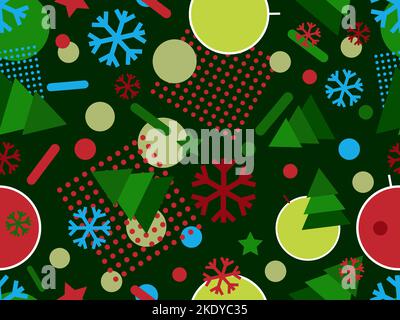 Christmas seamless pattern in 80s style with colorful Christmas trees, balls and snowflakes. Xmas design for printing on promotional materials, wrappi Stock Vector