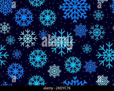 Snowflakes seamless pattern. Snowflakes of blue color on a black background. Winter background with snowflakes of different shapes and sizes. Vector i Stock Vector