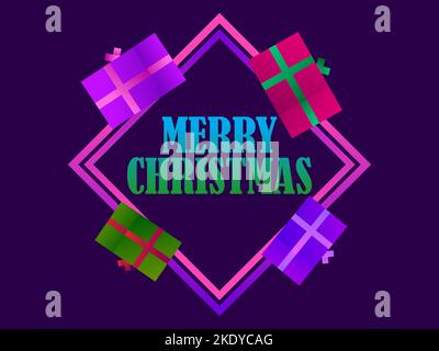 Merry Christmas banner in synthwave and retrowave style. Christmas frame with 3d gift boxes.Violet gradient. Festive design for greeting card, promoti Stock Vector