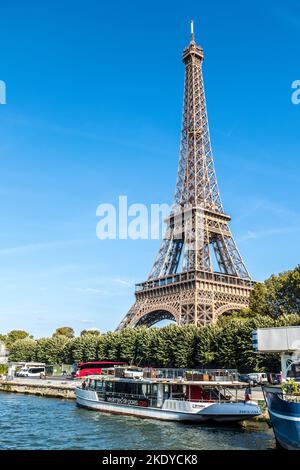 Paris, France - 09-12-2018:  The Eiffel tower seen from a boat on the Seine River